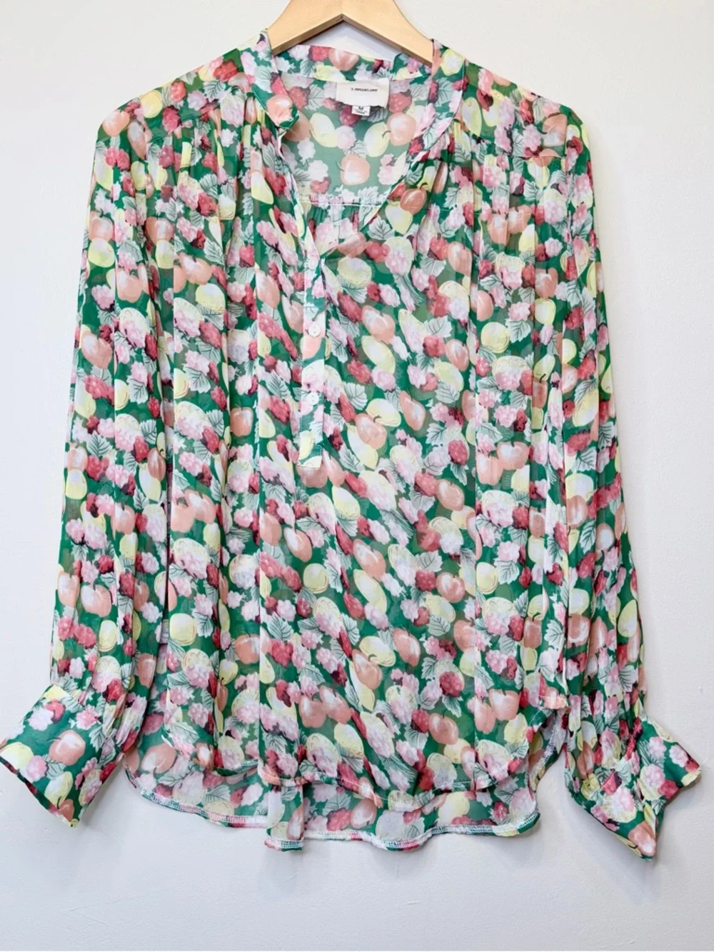 I.Madeline Sheer Fruit Pattern Button Front Long Sleeve Relaxed Oversized Blouse - Picture 3 of 14